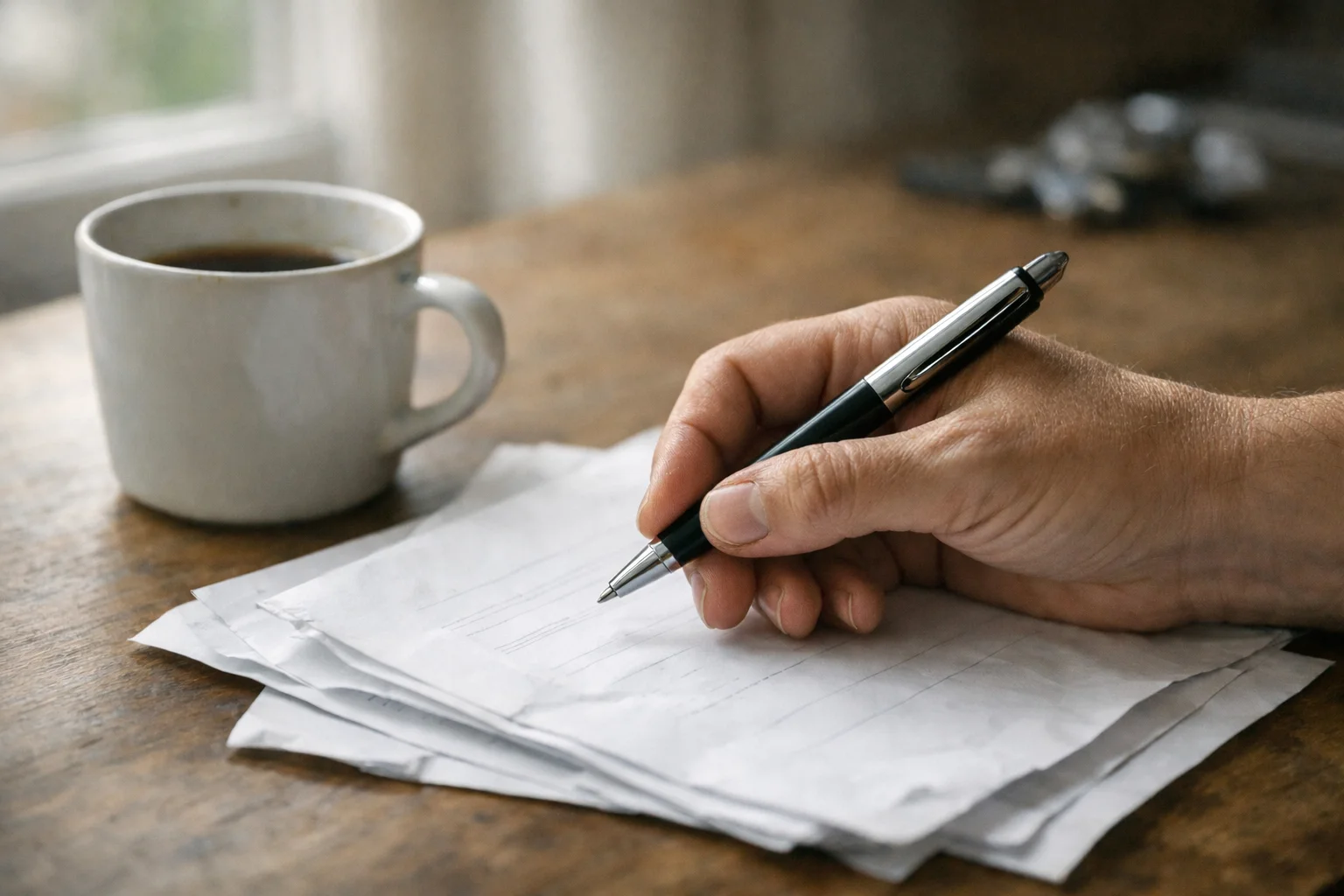 Main tenant un stylo au-dessus de documents liés aux volontés personnelles